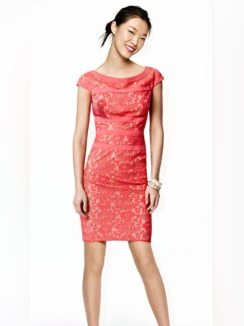 Adrianna Papell Lace Sheath Mini Dress, Size 16, Color Coral Pink